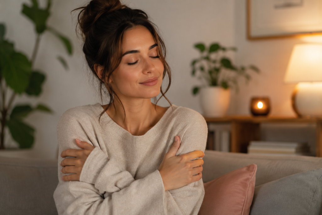 morning anxiety causes woman hugging herself serene relaxing cozy how to stop people pleasing