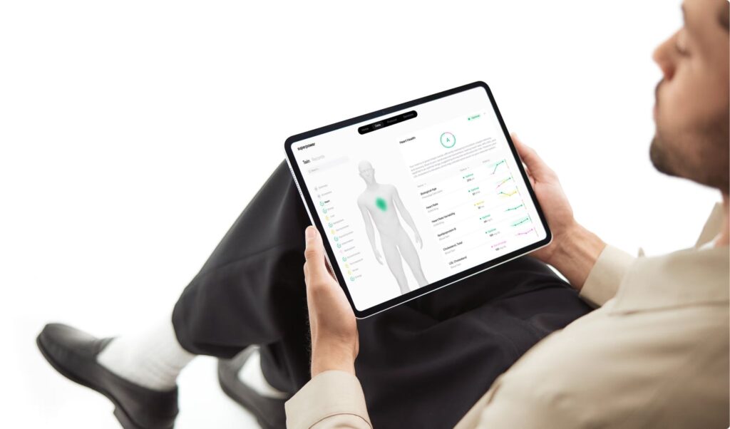 full body blood test man on tablet