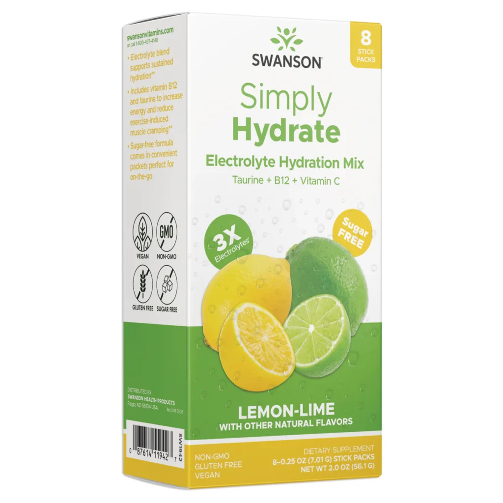 Simply Hydrate Electrolyte Hydration Mix - Lemon-Lime https://www.swansonvitamins.com/p/swanson-premium-simply-hydrate-electrolyte-hydration-mix-lemon-lime-8-pkts