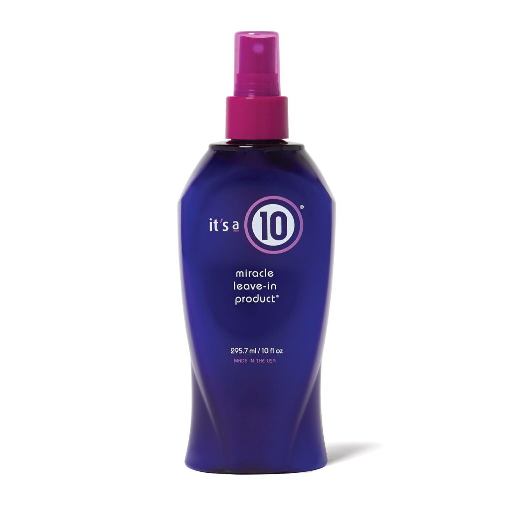 Hair treatment spray in purple bottle