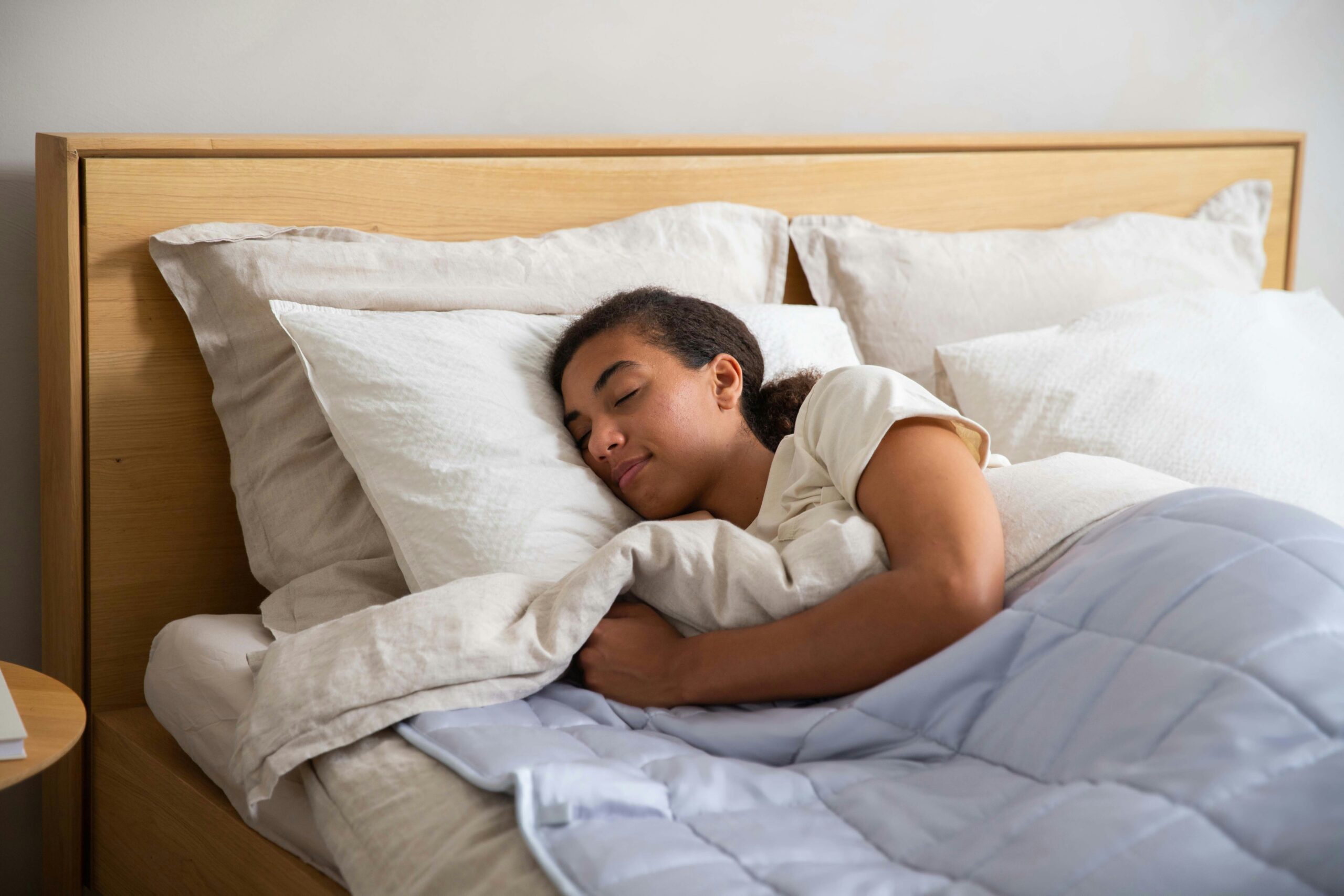 slow wellness routine for better energy fitness goals aromatherapy massage sleep chronotype woman sleeping in bed tired