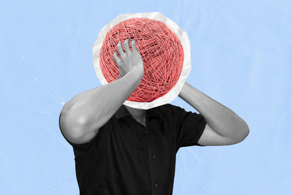 overthinking detox Person with tangled red yarn ball as a head, symbolizing frustration, mental clutter, and stress. Angry emotion collage pop art concept worry anxiety